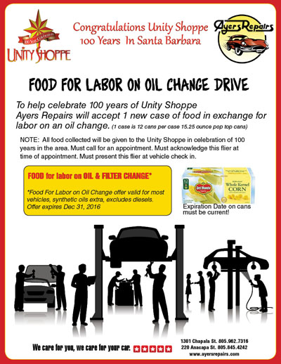 Unity Shoppe Over 100 Years In Santa Barbara Food for Labor on Oil Change Drive